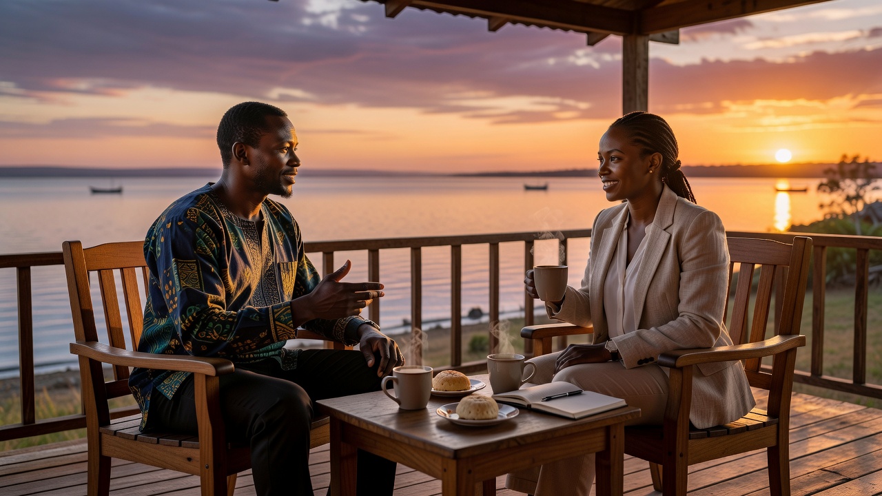 Open Meadow Deck coaches in consultation on a veranda overlooking Lake Victoria