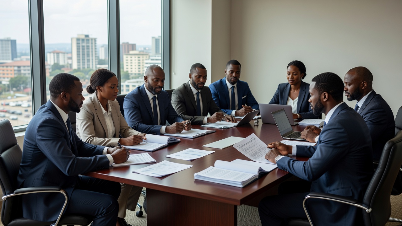 Business professionals in a consulting meeting around a boardroom table
