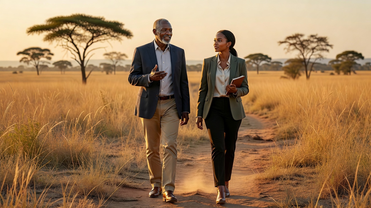 Open Meadow Deck coach and client on a mentoring walk through Uganda's savanna landscape